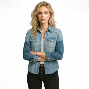 AllSaints Reine Denim Snap Button Down | Contrast Sleeves | XS